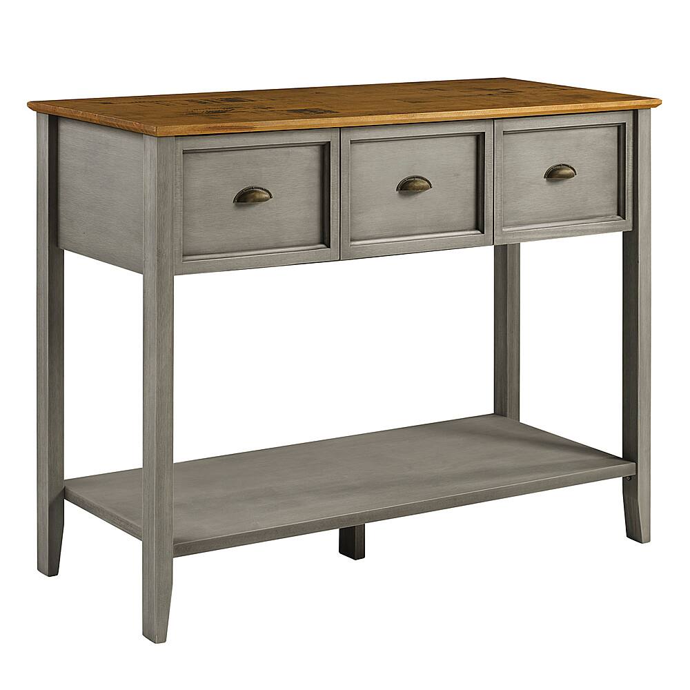 Left View: Walker Edison - 52” Farmhouse 3 Drawer Buffet Table - Rustic Oak/Grey