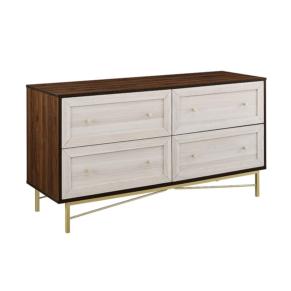 Left View: Walker Edison - 56” Contemporary 4 Drawer Gold Accent Dresser - Dark Walnut/White Poplar