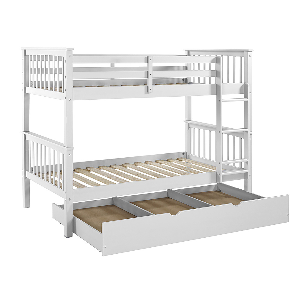Left View: Walker Edison - Solid Wood Twin Bunk Bed with Trundle Bed - White