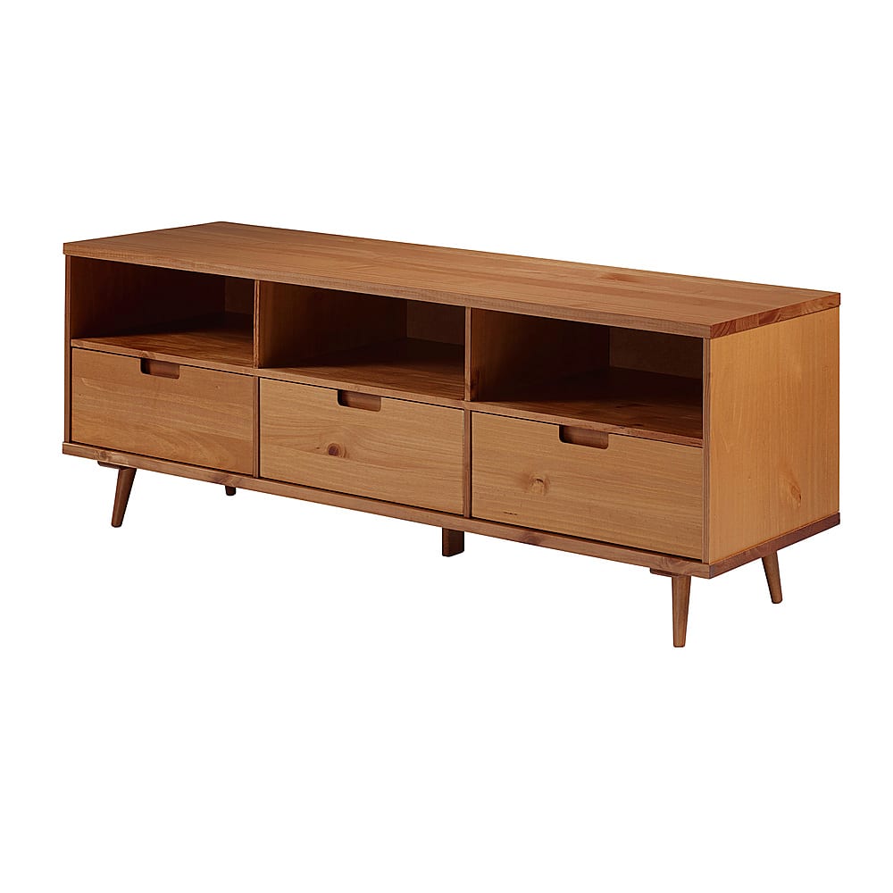 Angle View: Walker Edison - Mid Century Modern 3 Drawer Solid Wood Console for TVs up to 80" - Caramel