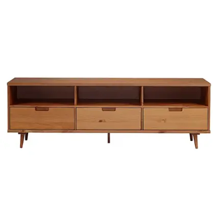 Front. Walker Edison - Mid Century Modern 3 Drawer Solid Wood Console for TVs up to 80" - Caramel.