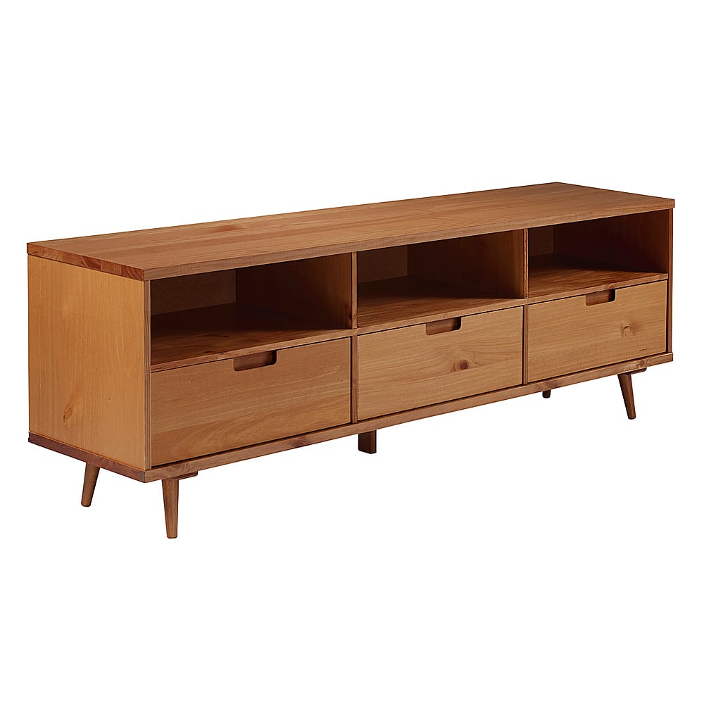 Left View: Walker Edison - Mid Century Modern 3 Drawer Solid Wood Console for TVs up to 80" - Caramel