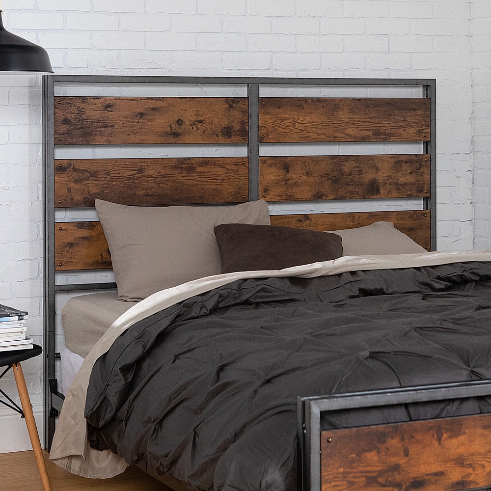 Left View: Walker Edison - 48" Rustic Industrial Queen Size Metal Wood Plank Panel Headboard - Brown