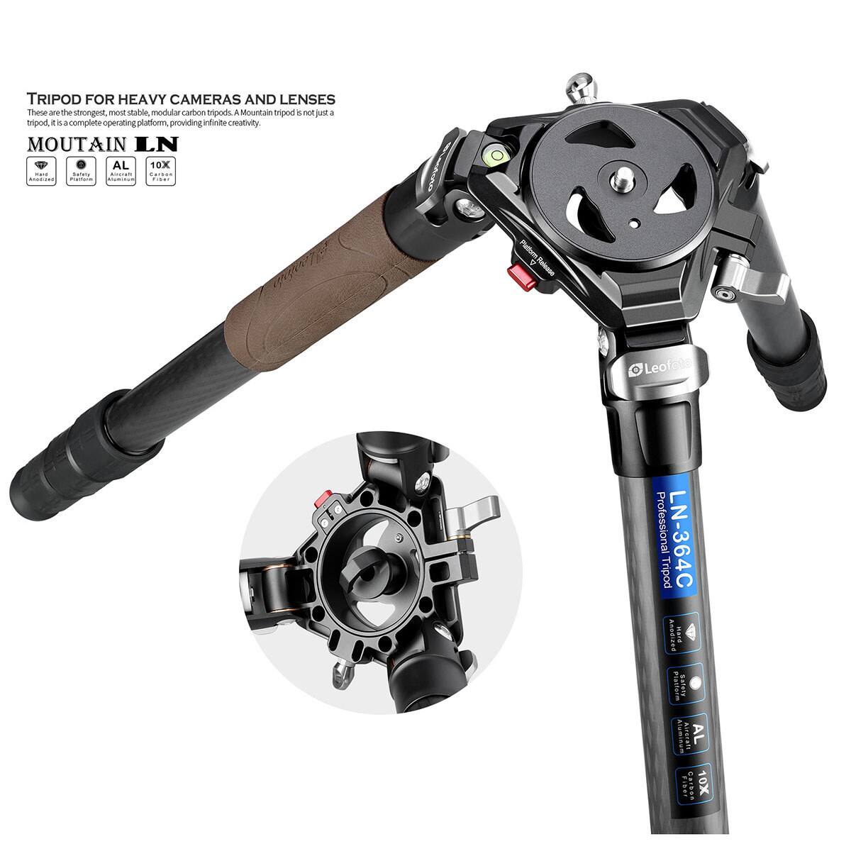 TRIPOD FOR HEAVY CAMERAS AND LENSES  
These are the strongest, most stable, modular carbon tripods. A Mountain tripod is not just a tripod, it is a complete operating platform, providing infinite creativity.  

MOUNTAIN LN  
AL 10X  
Anodized Platform  
Aluminum Fiber  

Leofote Professional Tripod LN-364C  
Anodized Stard Platform Safety Aluminum VILCLUSE AL Fiber Carbon 10X