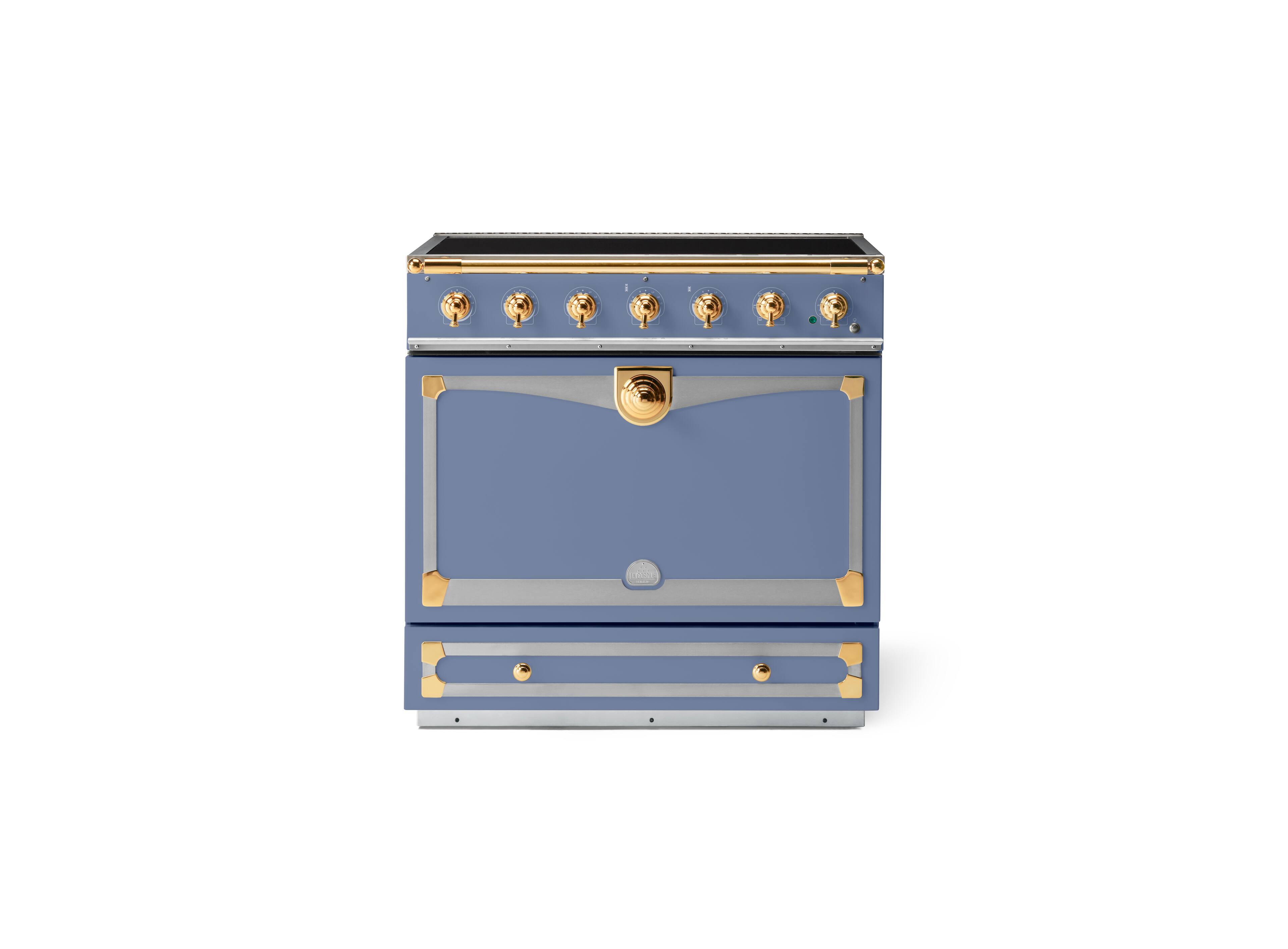 Front. La Cornue - 90 Induction Range Provence Blue with Stainless Steel & Polished Brass - Multi.