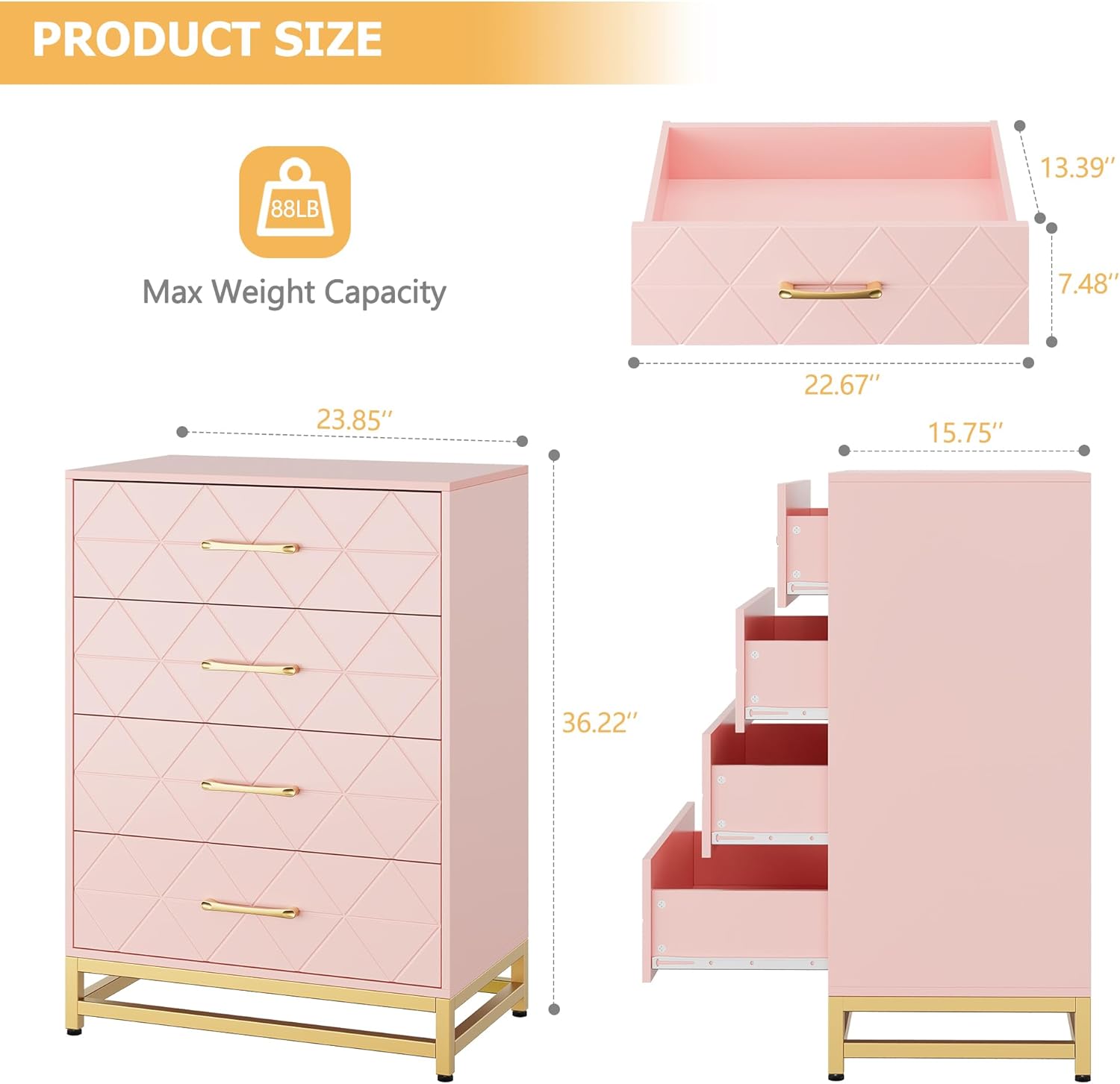 PRODUCT SIZE

Max Weight Capacity: 88LB

Dimensions:
- Height: 36.22"
- Width: 23.85"
- Depth: 22.67"
- Drawer Height: 15.75"
- Top Shelf Height: 13.39"
- Bottom Shelf Height: 7.48"