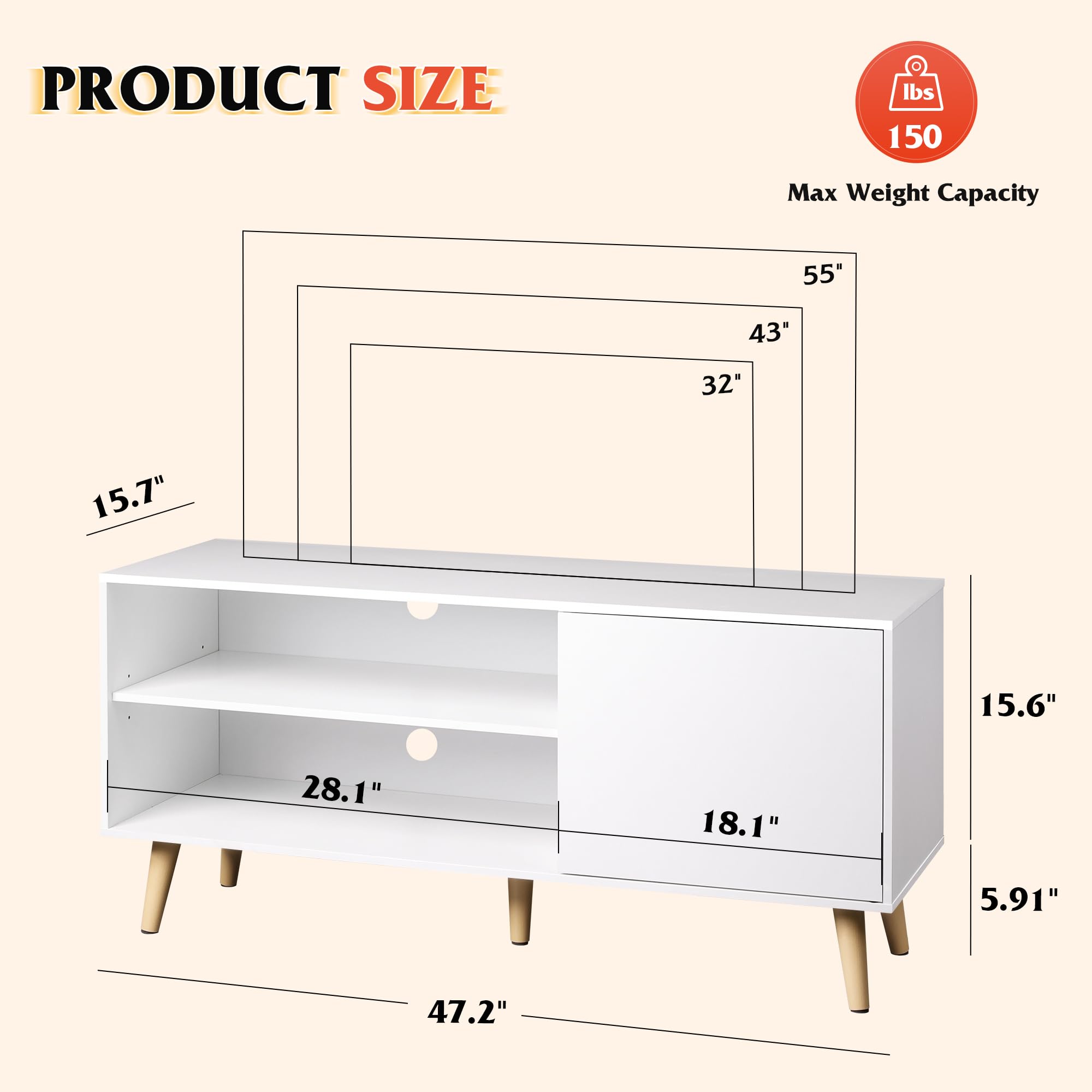 PRODUCT SIZE  
Max Weight Capacity: 150 lbs  

- 55" (Width)  
- 43" (Height)  
- 32" (Depth)  
- 15.7" (Top Shelf Depth)  
- 28.1" (Shelf Depth)  
- 18.1" (Drawer Width)  
- 15.6" (Drawer Height)  
- 5.91" (Leg Height)  
- 47.2" (Overall Height)