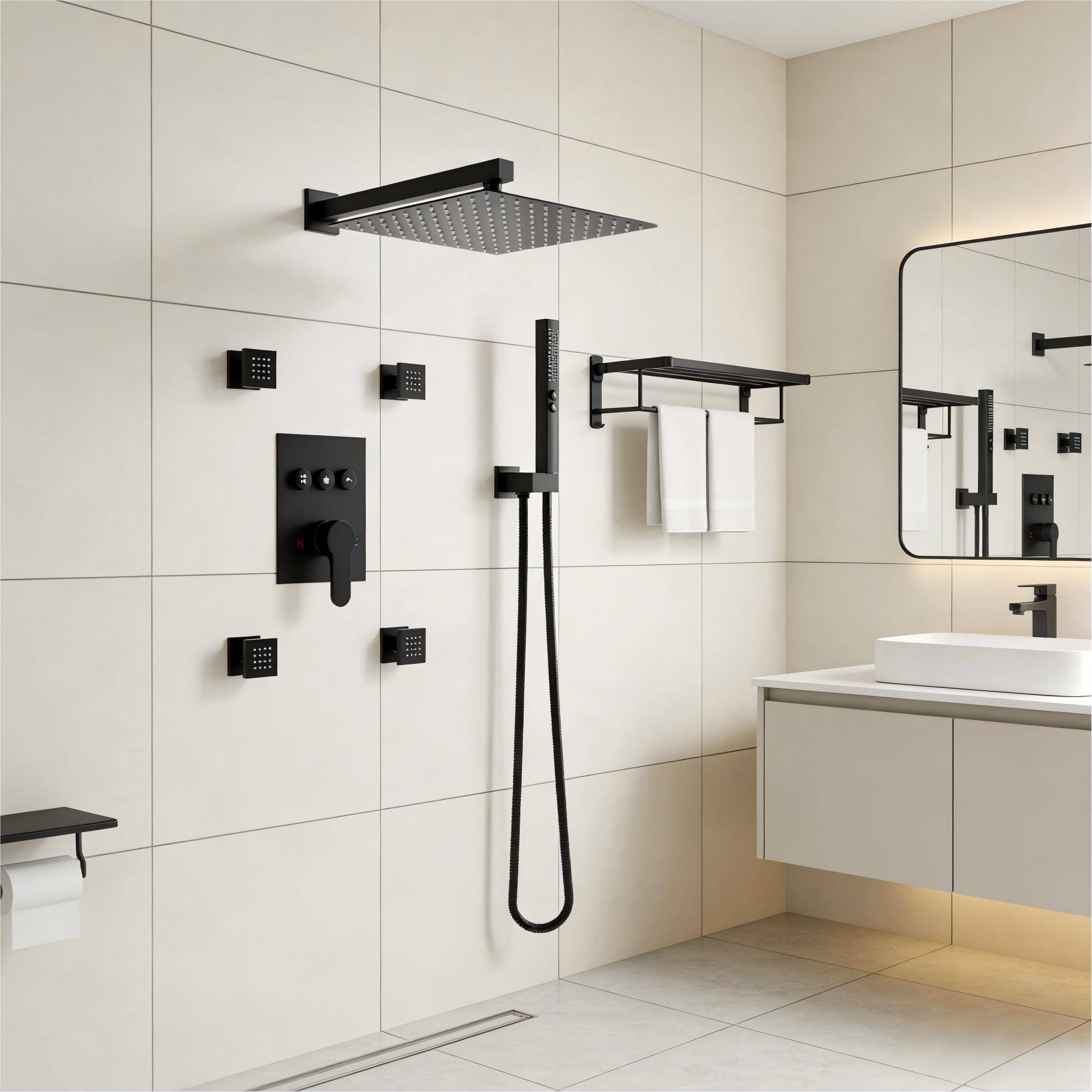 Alt View 1. Boyel Living - Matte Black Brass Shower Faucet Button Cartridge 12-Inch Top Spray 2-Inch Side Spray 2-Function - Black.