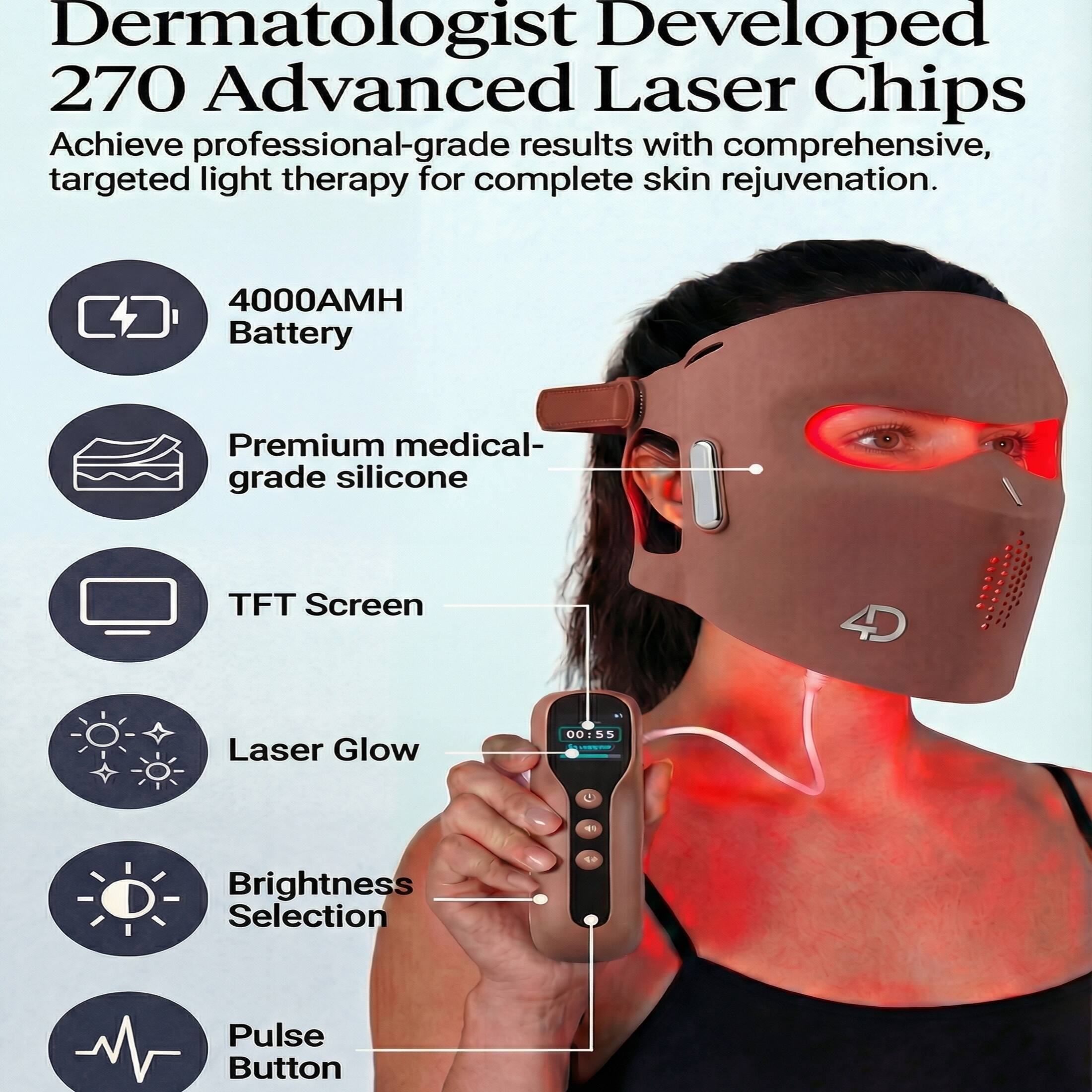 Dermatologist Developed 270 Advanced Laser Chips  
Achieve professional-grade results with comprehensive, targeted light therapy for complete skin rejuvenation.

- 4000AMH Battery
- Premium medical-grade silicone
- TFT Screen
- Laser Glow
- Brightness Selection
- Pulse Button