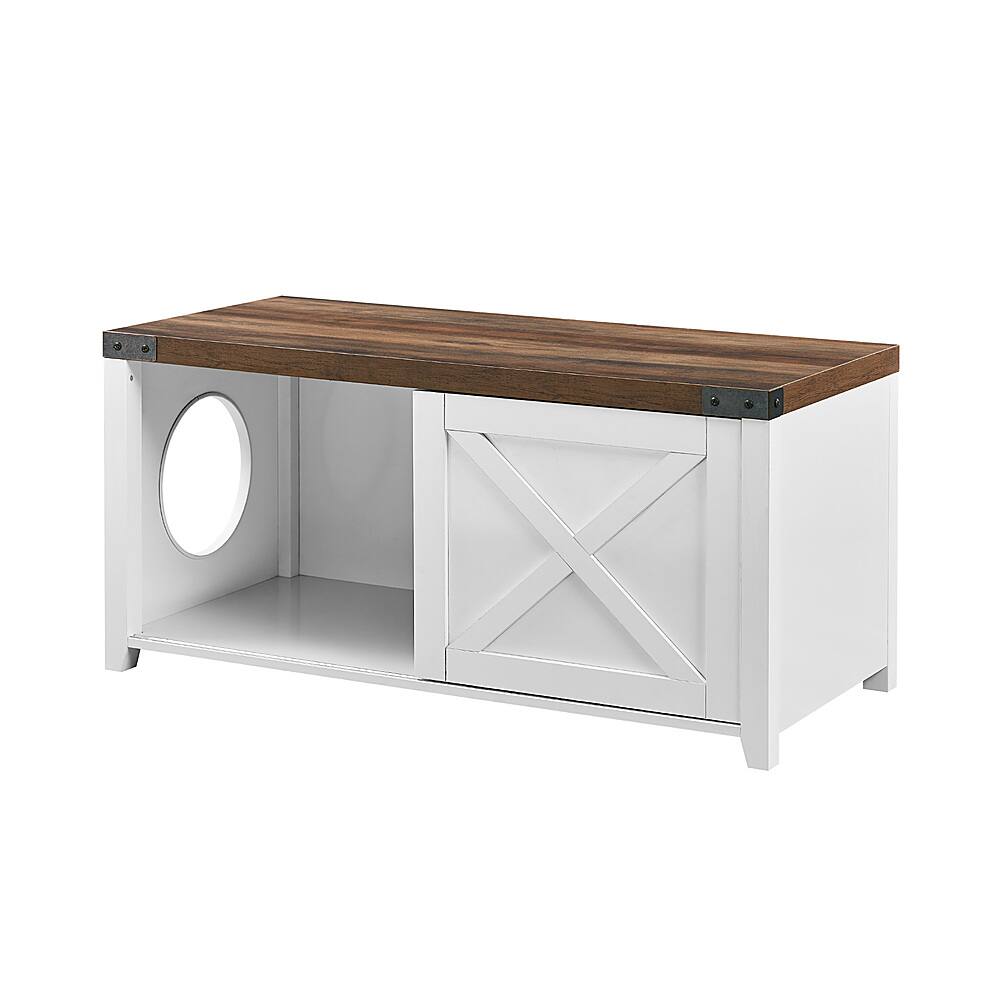 Left View: Walker Edison - 43" Sliding X Door Litter Box Bench - Rustic Oak/Solid White