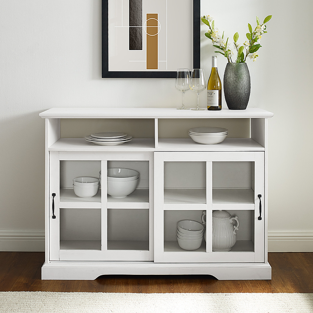 Walker Edison Modern Farmhouse Grooved Sliding Door Tall Storage Cabinet Brushed White