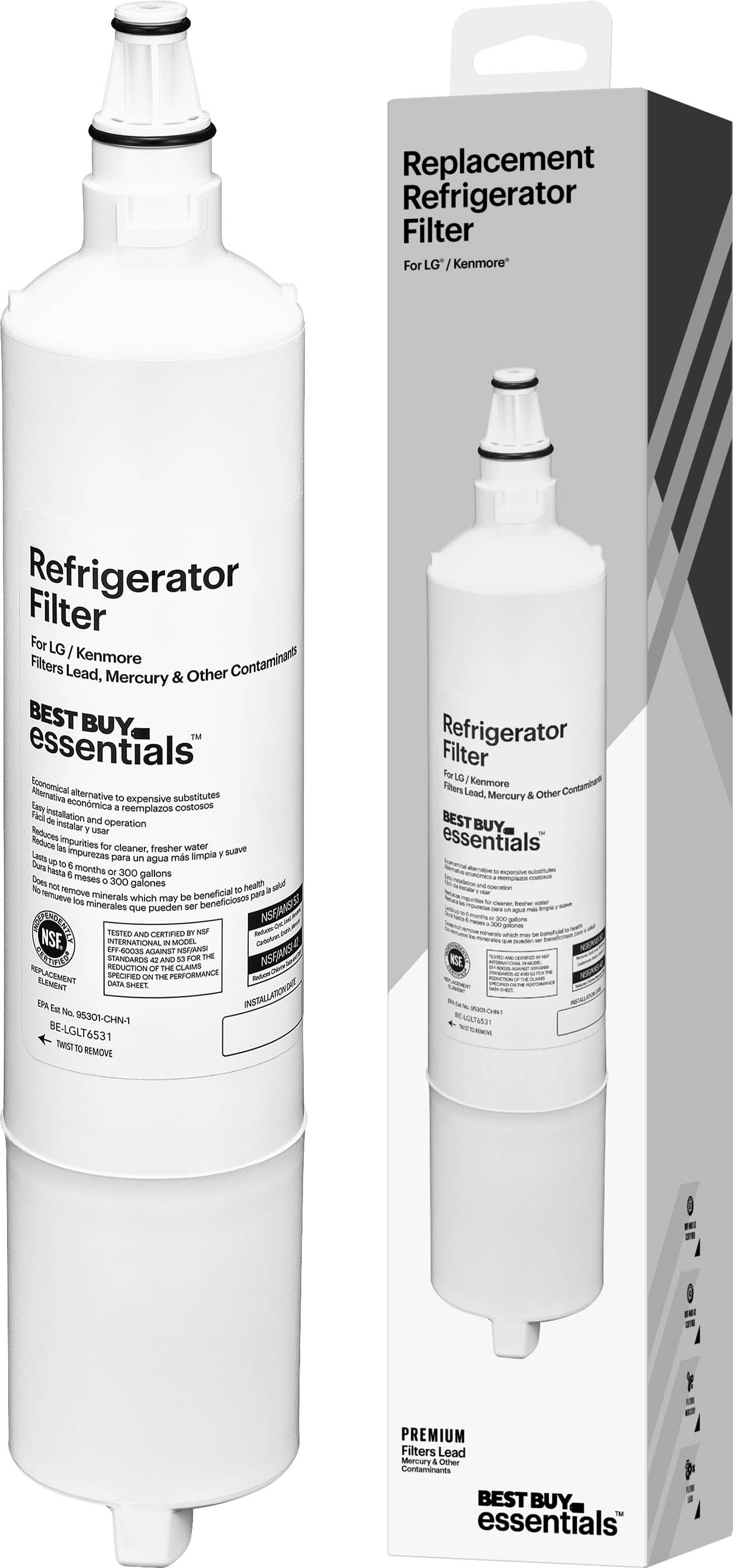 Best Buy essentials™ - NSF 42/53 Water Filter Replacement for Select LG and Kenmore Refrigerators - White - Front_Zoom