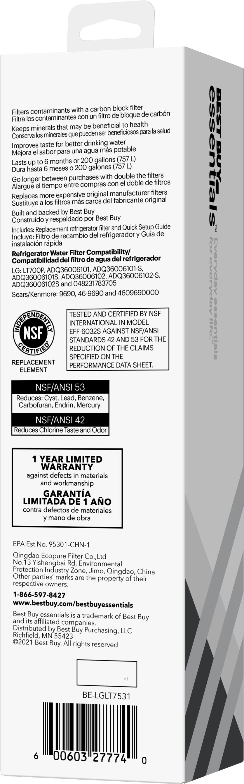 Best Buy Essentials - NSF 42/53 Water Filter Replacement for Select Amana/Maytag, KitchenAid and Sears/Kenmore Refrigerators - White