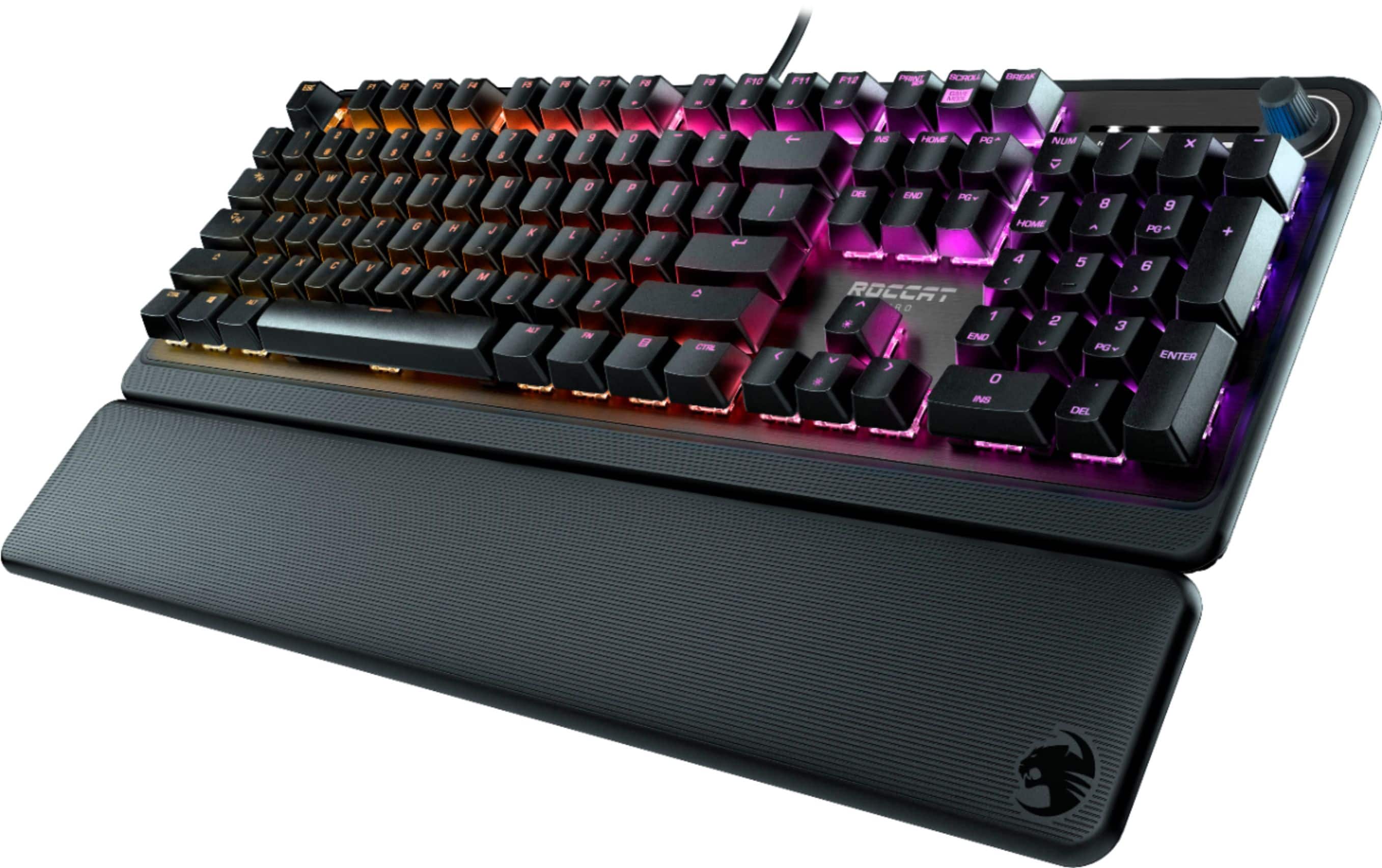 Angle. ROCCAT - Pyro Full-size Wired Mechanical Linear Switch Gaming Keyboard with RGB, Brushed Aluminum Top, and Detachable Palm Rest - Black.