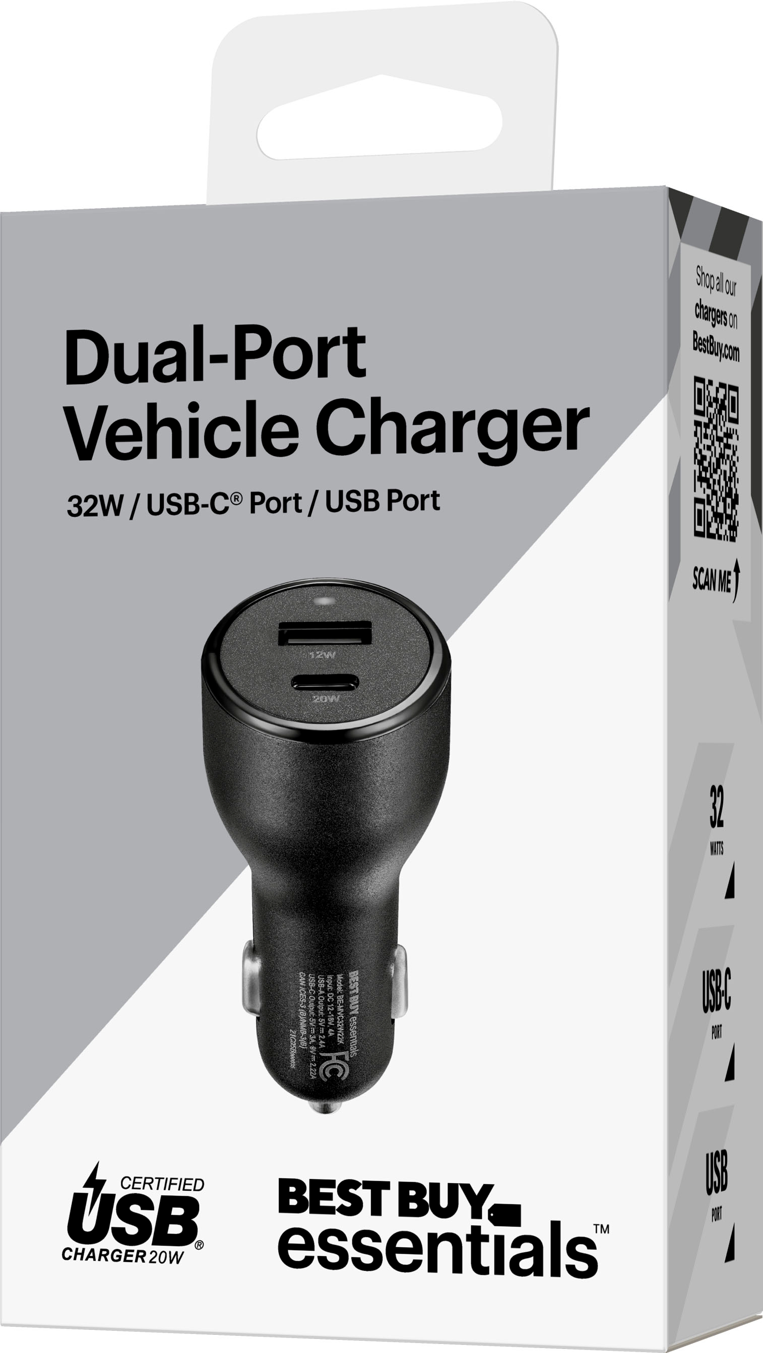 Best Buy essentials™ 32 W Vehicle Charger with 1 USB-C & 1 USB