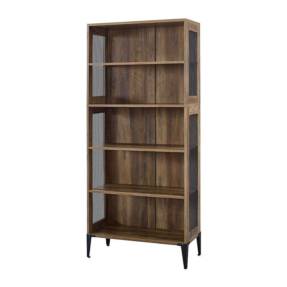 Left View: Walker Edison - 68” Urban Industrial 5 Shelf Metal Mesh Bookcase - Rustic Oak