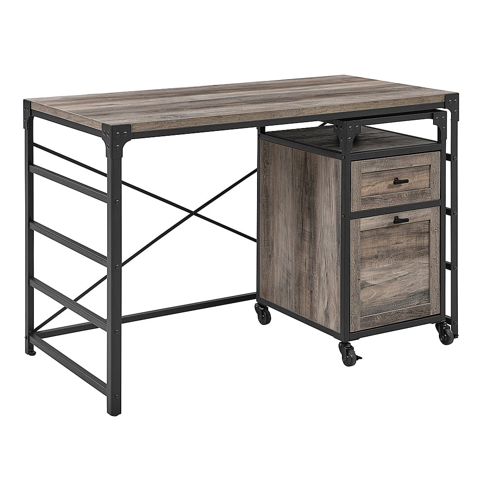 Left View: Walker Edison - 48" Angle Iron Desk with Filing Cabinet - Grey wash