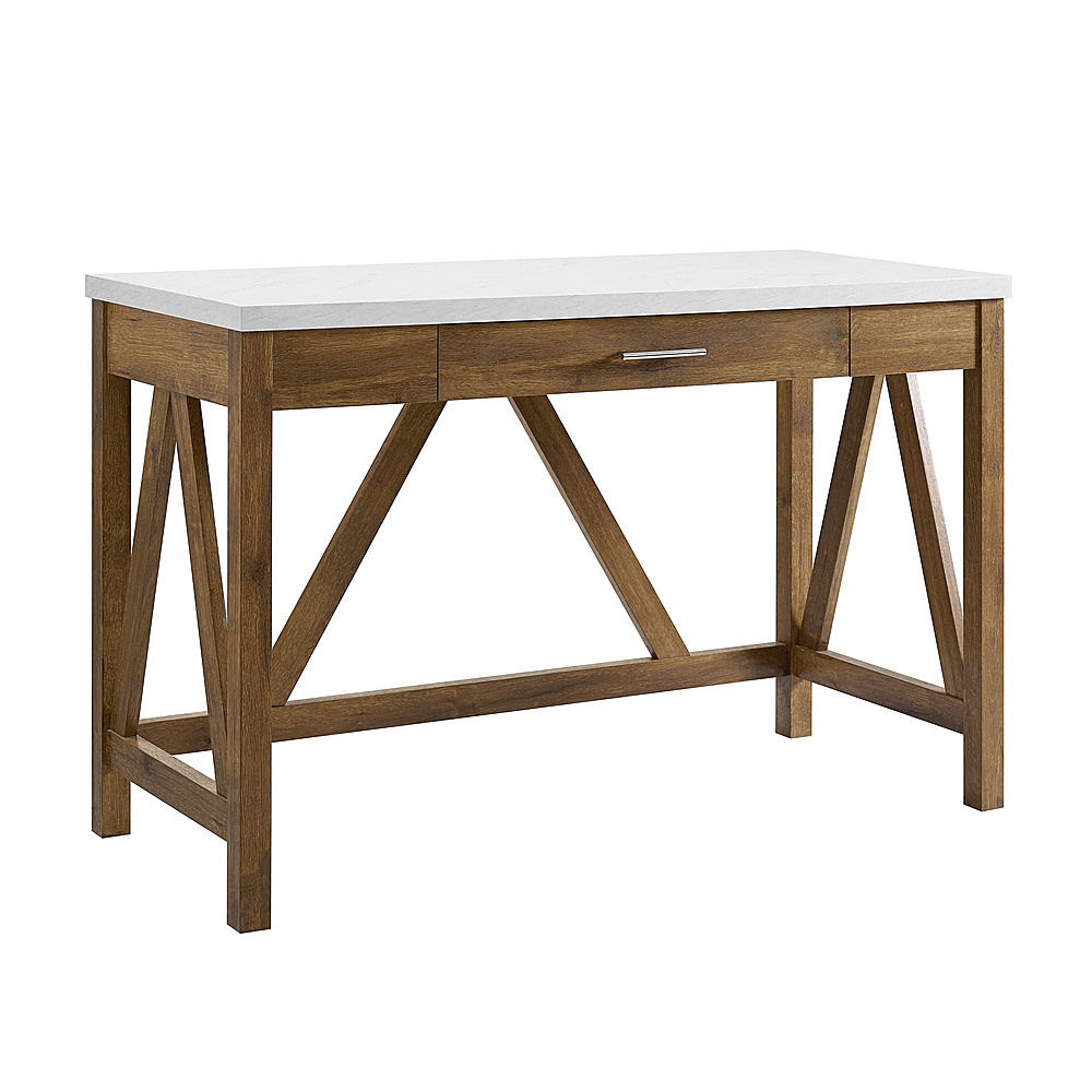 Angle View: Walker Edison - 46" A Frame Modern Wood Computer Desk with Drawer - Natural Walnut/White Marble