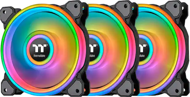 Front. Thermaltake - Riing Quad 120mm 16.8 Million RGB Color 4 Light Rings 54 Addressable LED 9 Blades Hydraulic Bearing Case Fan (3-Pack) - Black.