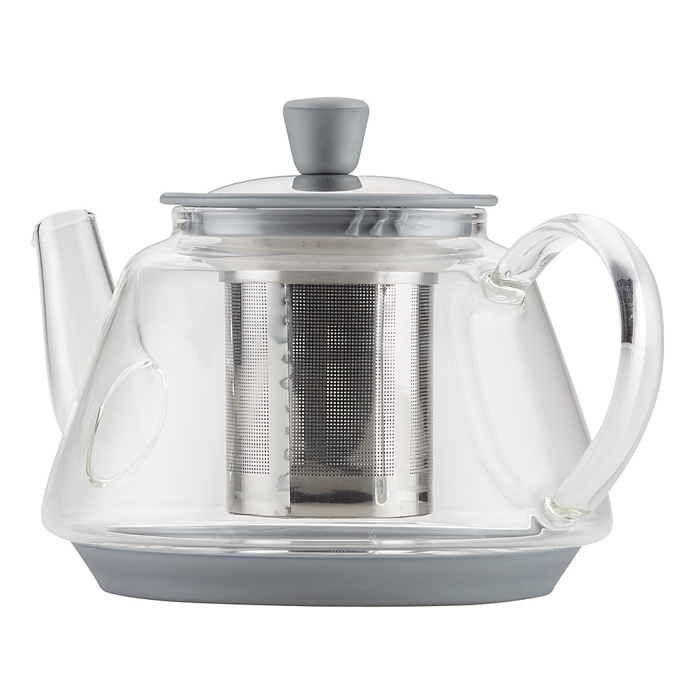 Left View: Bonjour - Voyager 30-Ounce Brosoilicate Glass Teapot with Infuser - Glass with Metallic Detailing