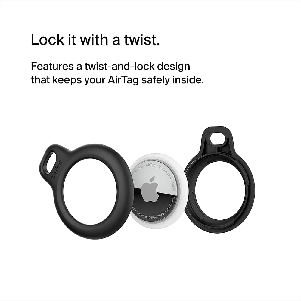 Lock it with a twist. Features a twist-and-lock design that keeps your AirTag safely inside. Belkin AirTag case with a black band and a white center, designed by Apple.