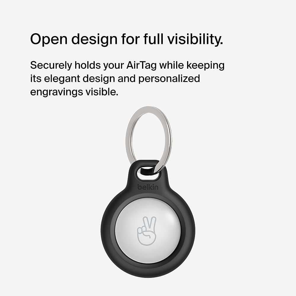 The text on the image reads: "Open design for full visibility. Securely holds your AirTag while keeping its elegant design and personalized engravings visible. belkin."