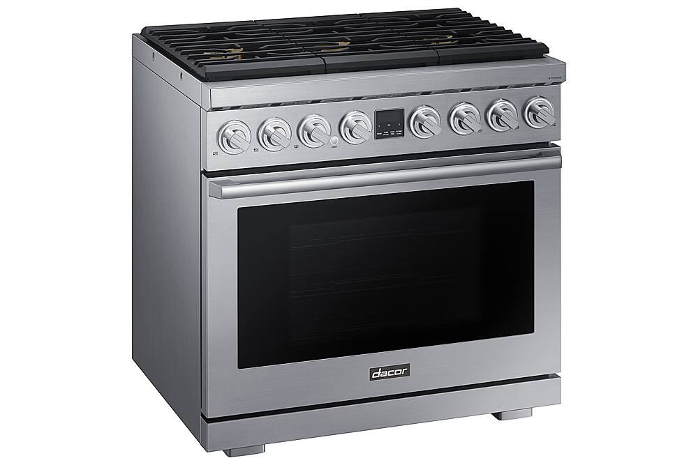 Left View: Dacor - Transitional 5.9 Cu. Ft. Self-Cleaning Freestanding Gas Convection Range with 6 burners, Liquid Propane Convertible - Silver stainless steel