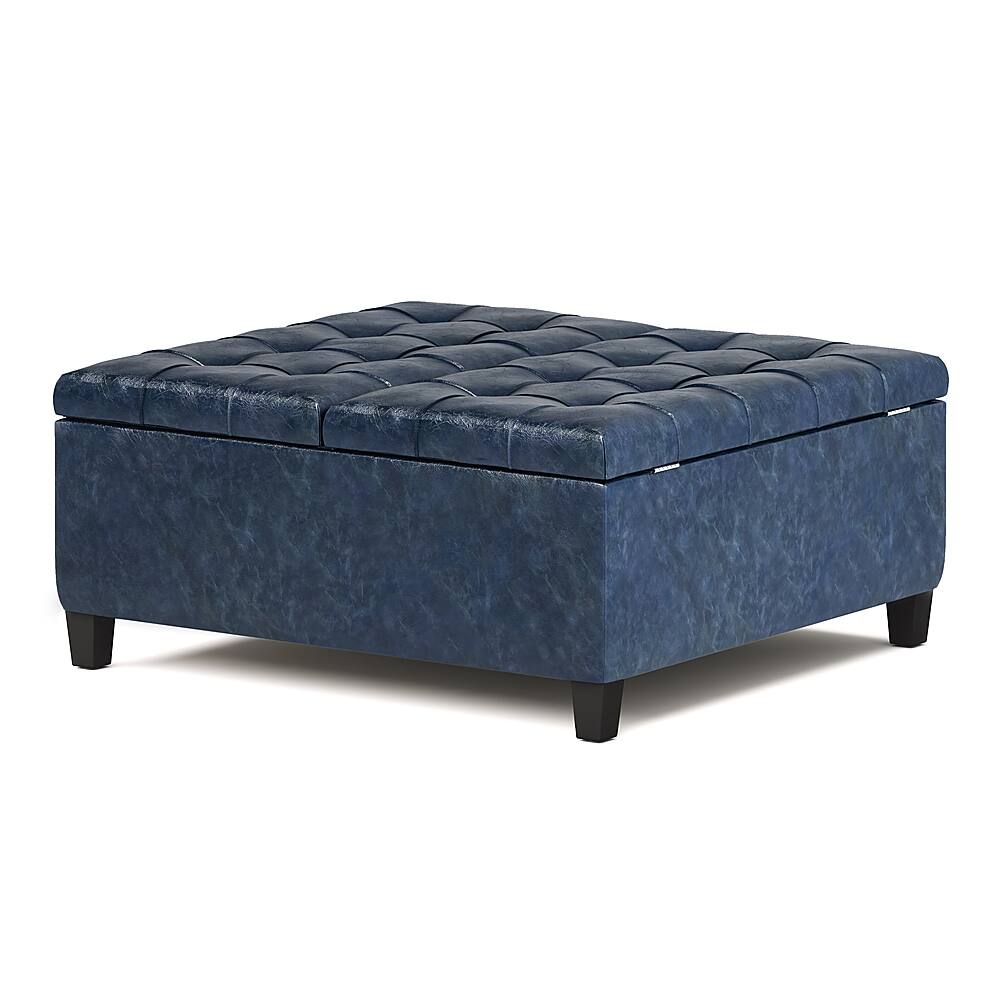 Angle. Simpli Home - Harrison 36 inch Wide Transitional Square Coffee Table Storage Ottoman in Denim Blue Faux Leather - Denim Blue.