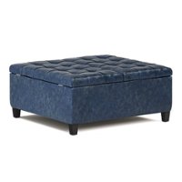 Simpli Home - Harrison 36 inch Wide Transitional Square Coffee Table Storage Ottoman in Faux Leather - Denim Blue - Front_Zoom