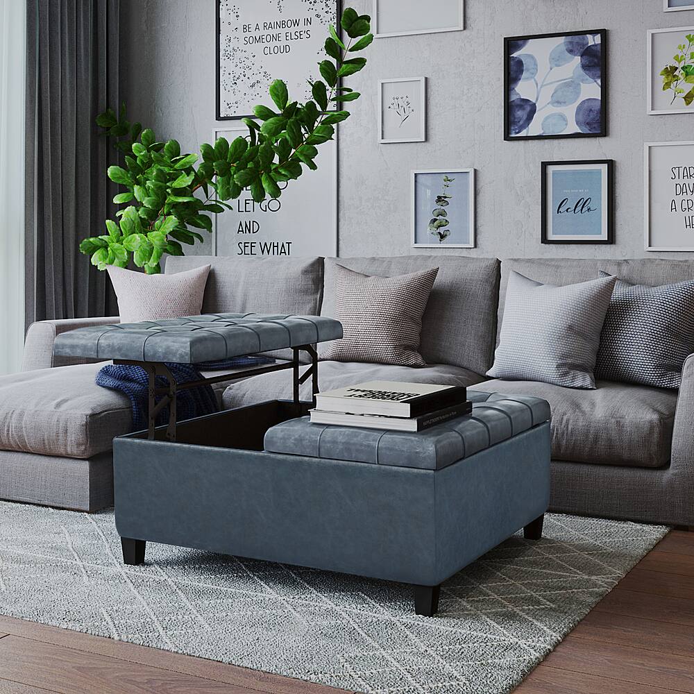 Alt View 11. Simpli Home - Harrison 36 inch Wide Transitional Square Coffee Table Storage Ottoman in Denim Blue Faux Leather - Denim Blue.