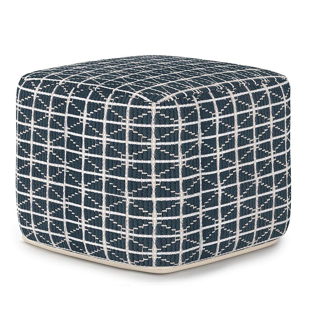 Angle. Simpli Home - Noreen Square Pouf - Dark Blue and White.