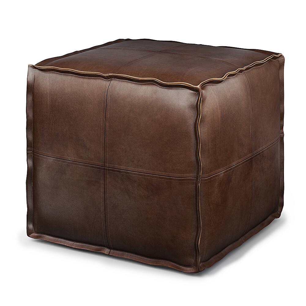 Angle. Simpli Home - Brody Square Pouf - Distressed Dark Brown.