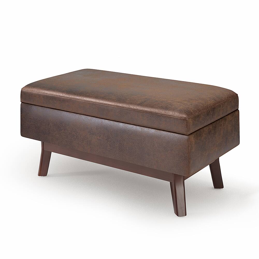 Angle. Simpli Home - Owen Small Rectangular Storage Ottoman - Distressed Chestnut Brown.