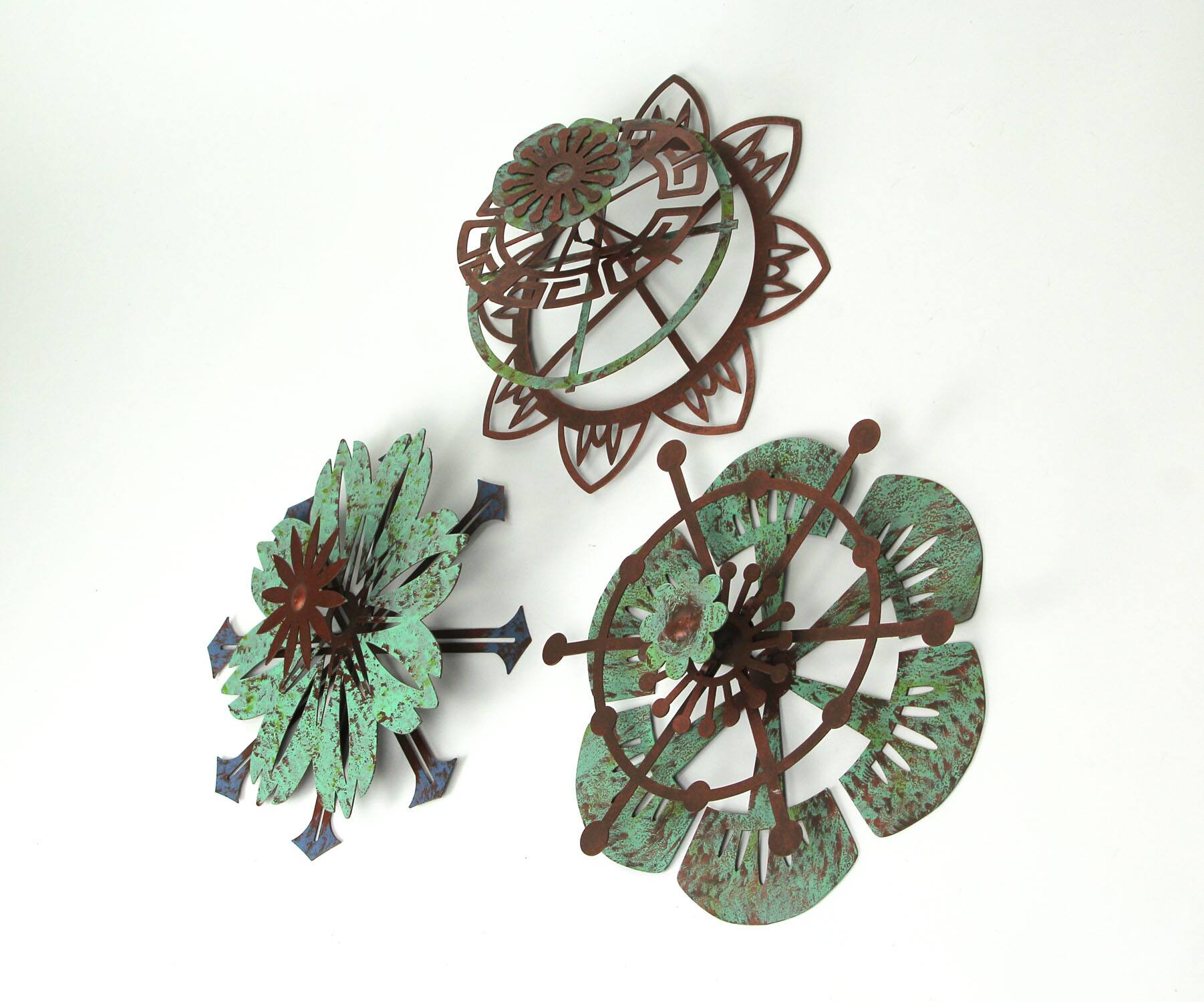 Alt View 1. Transpac - Set of 3 Metal Flower Wall Art Copper Verdigris Hanging Decor Floral Sculpture - Multicolored.