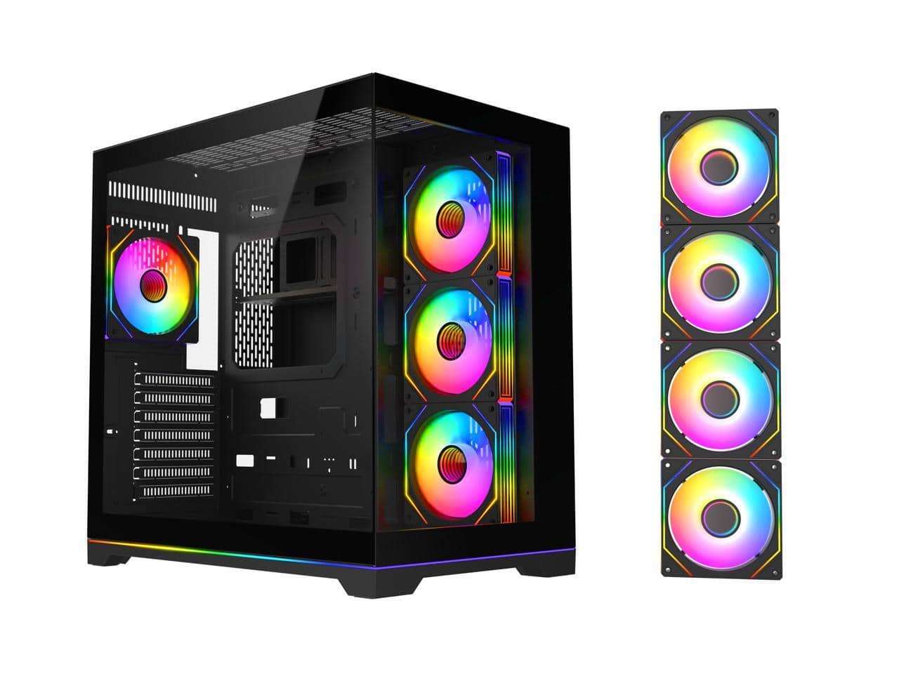 Front. DIYPC - DIYPC ARGB-DC200-BK Black ATX Case w/ Tempered Glass, 4 ARGB Fans & Light Strip - Black.
