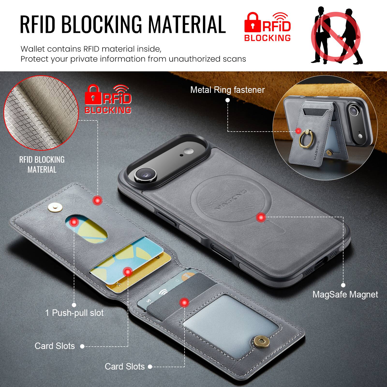 RFID BLOCKING MATERIAL

Wallet contains RFID material inside, Protect your private information from unauthorized scans

RFID BLOCKING MATERIAL

RFiD BLOCKING Wallet contains RFID material inside, Protect your private information from unauthorized scans

RFiD BLOCKING Metal Ring fastener

RFID BLOCKING MATERIAL

VAZONS MASKEUN 2t19 p

1 Push-pull slot

5 MagSafe Magnet Card Slots

Card Slots