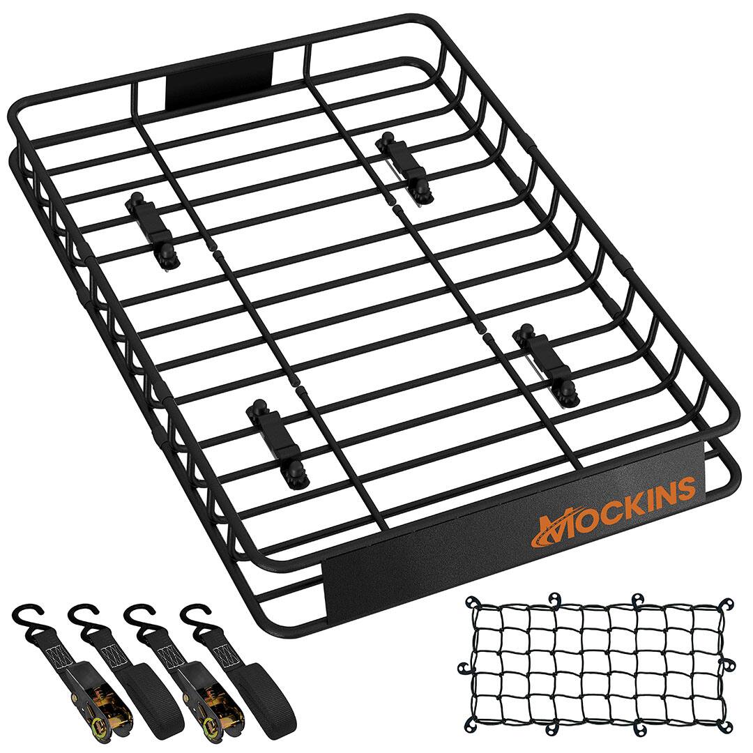 Front. Mockins - 50 in. x 36 in. x 4.5 in. Extendable Cargo Rooftop Carrier with Bungee Cargo Net and Ratchet Straps.