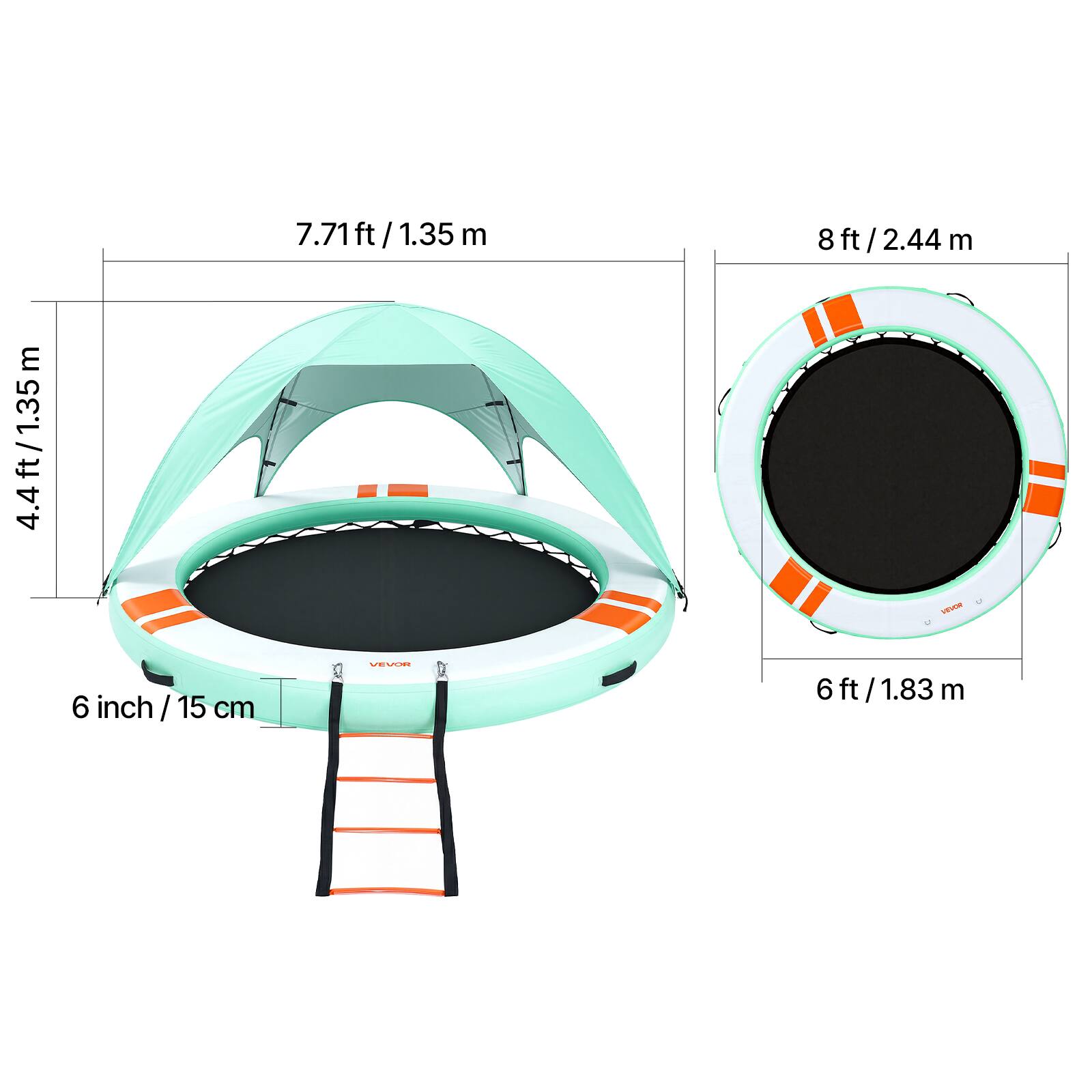 7.71ft / 1.35 m  
4.4 ft / 1.35 m  
8 ft / 2.44 m  
6 ft / 1.83 m  
6 inch / 15 cm