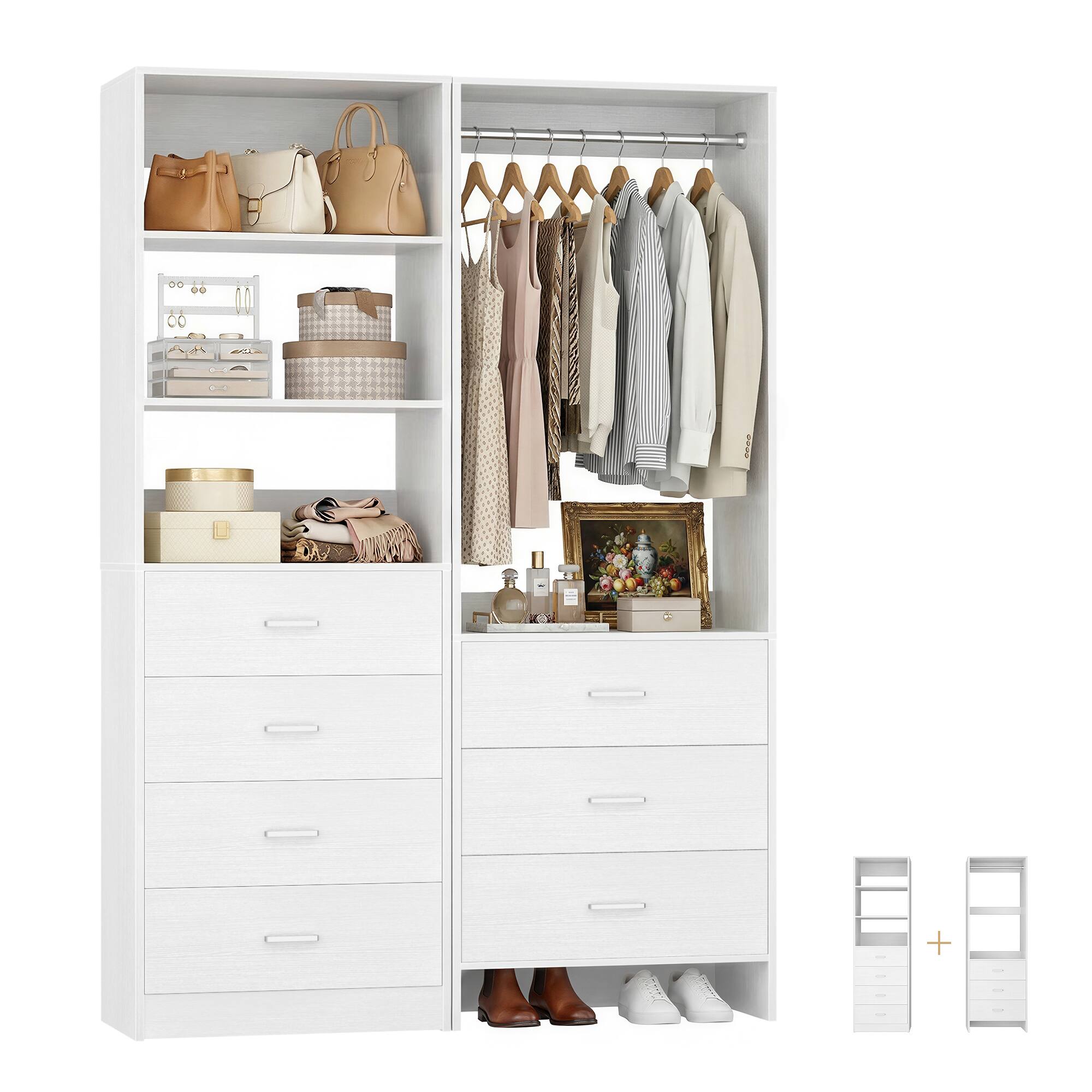 Angle. Aheaplus - 45''  Closet Organizer System Set of 2 - with 7 Drawers, Hanging Rod and Adjustable Shelf - White.