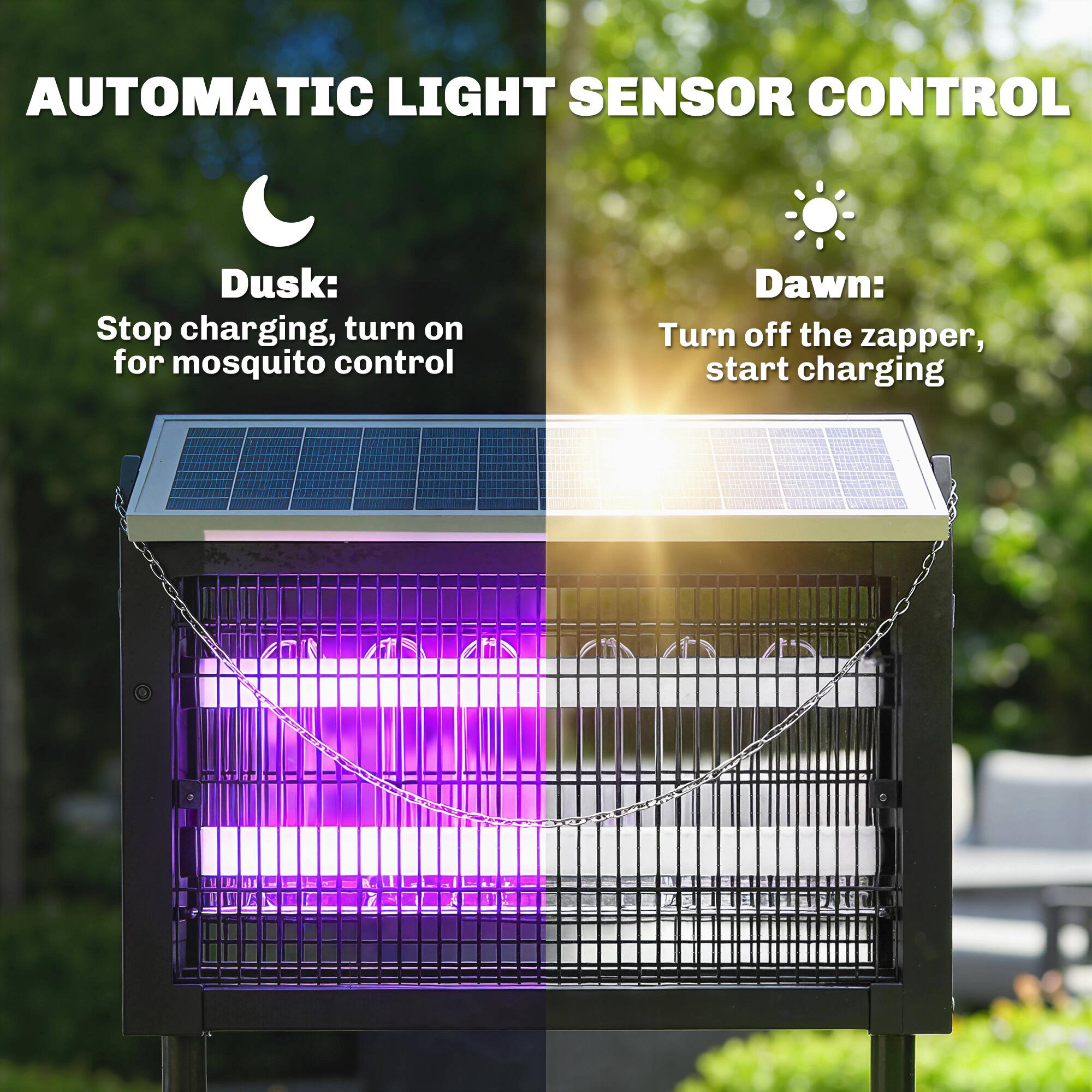 AUTOMATIC LIGHT SENSOR CONTROL

Dusk:
Stop charging, turn on for mosquito control

Dawn:
Turn off the zapper, start charging