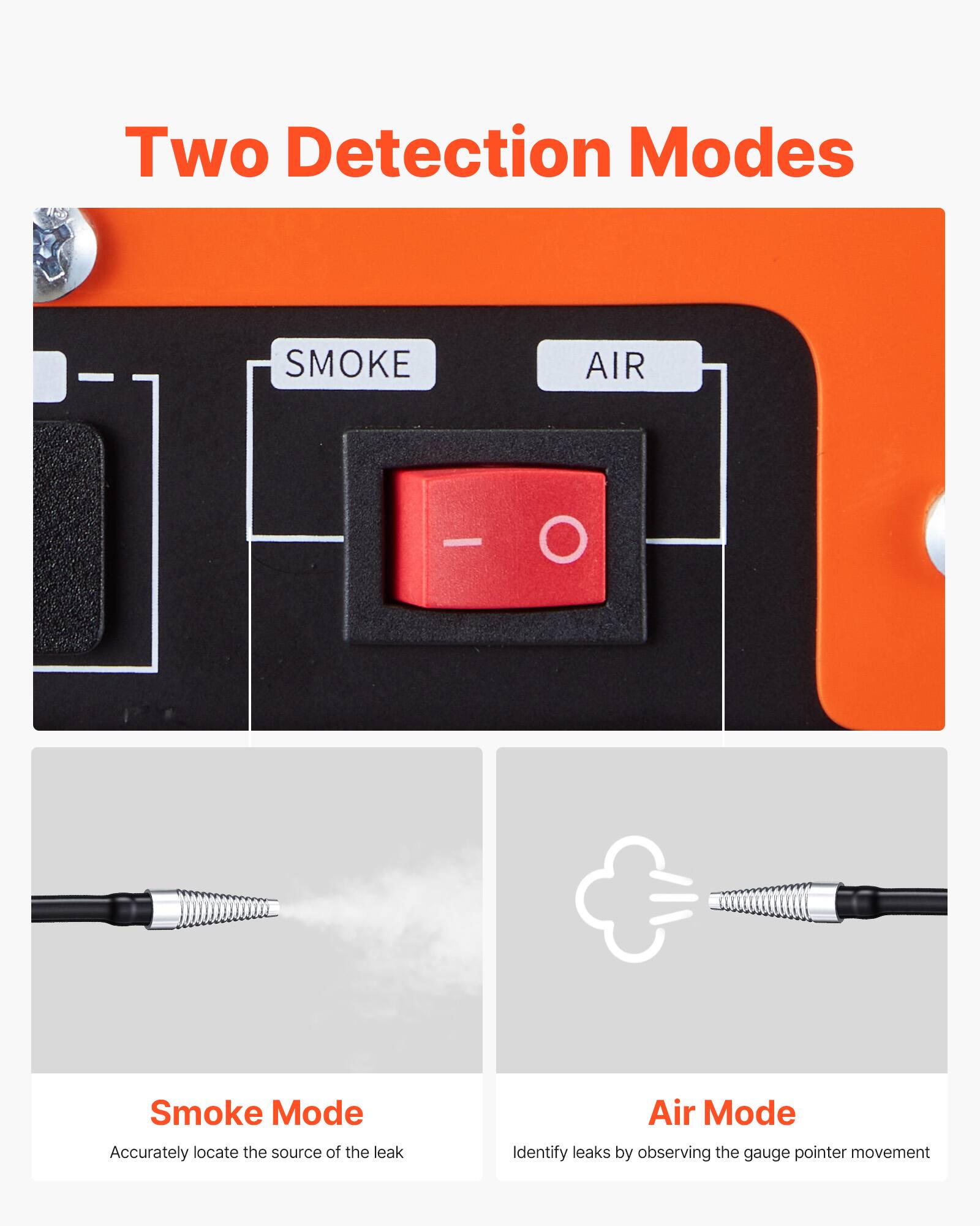 Two Detection Modes

Smoke Mode
Accurately locate the source of the leak

Air Mode
Identify leaks by observing the gauge pointer movement