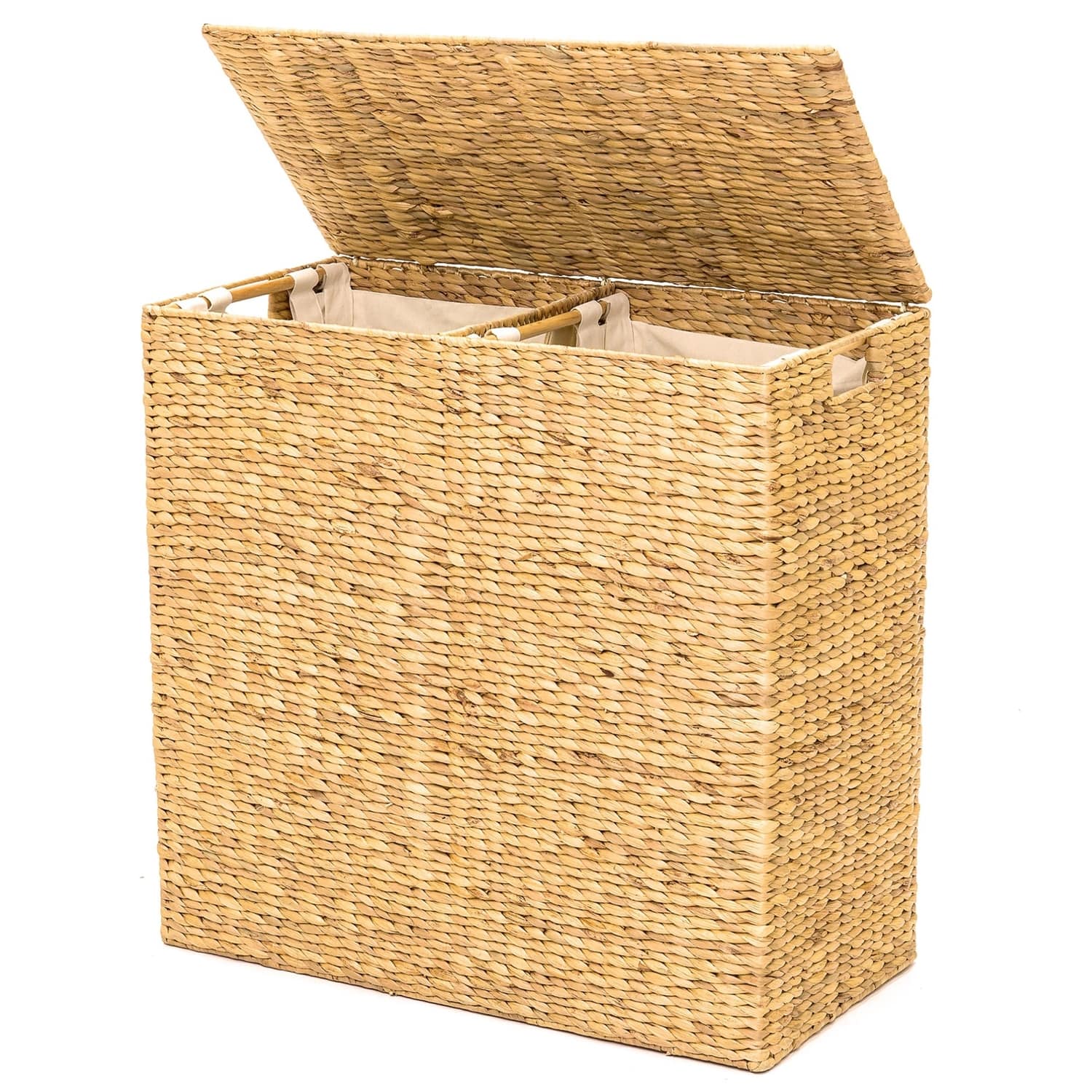 SlickBlue - Handwoven 2-Bin Laundry Hamper with Linen Liners and Side Handles - Natural