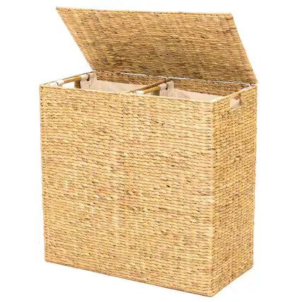 Front. Hivvago - Natural 2-Bin Handwoven Hyacinth Linen Liner Laundry Hamper w/ Handles - Natural.