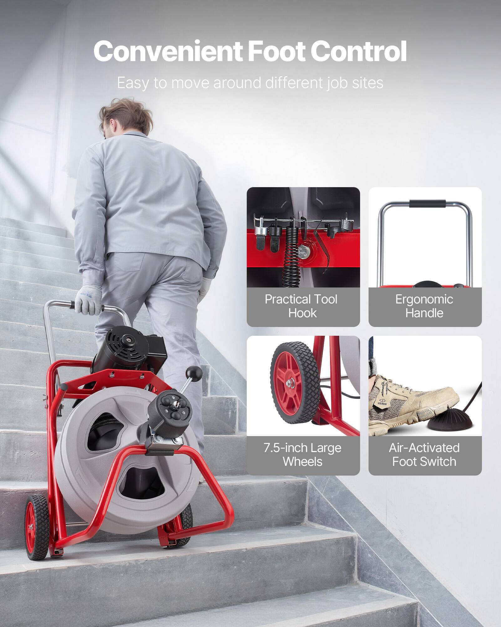 Convenient Foot Control  
Easy to move around different job sites  

- Practical Tool Hook  
- Ergonomic Handle  
- 7.5-inch Large Wheels  
- Air-Activated Foot Switch