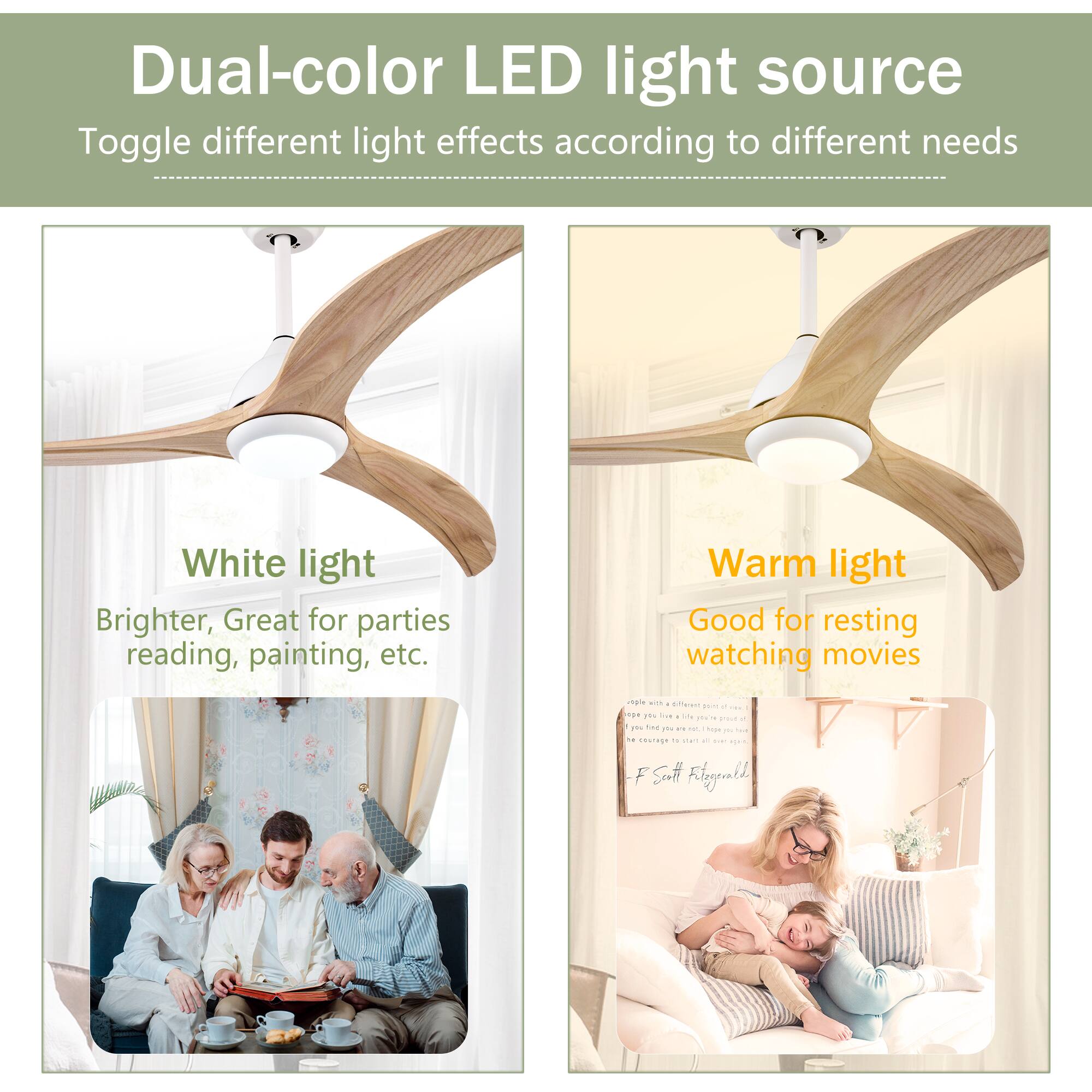 Dual-color LED light source  
Toggle different light effects according to different needs  

White light  
Brighter, Great for parties, reading, painting, etc.  

Warm light  
Good for resting, watching movies