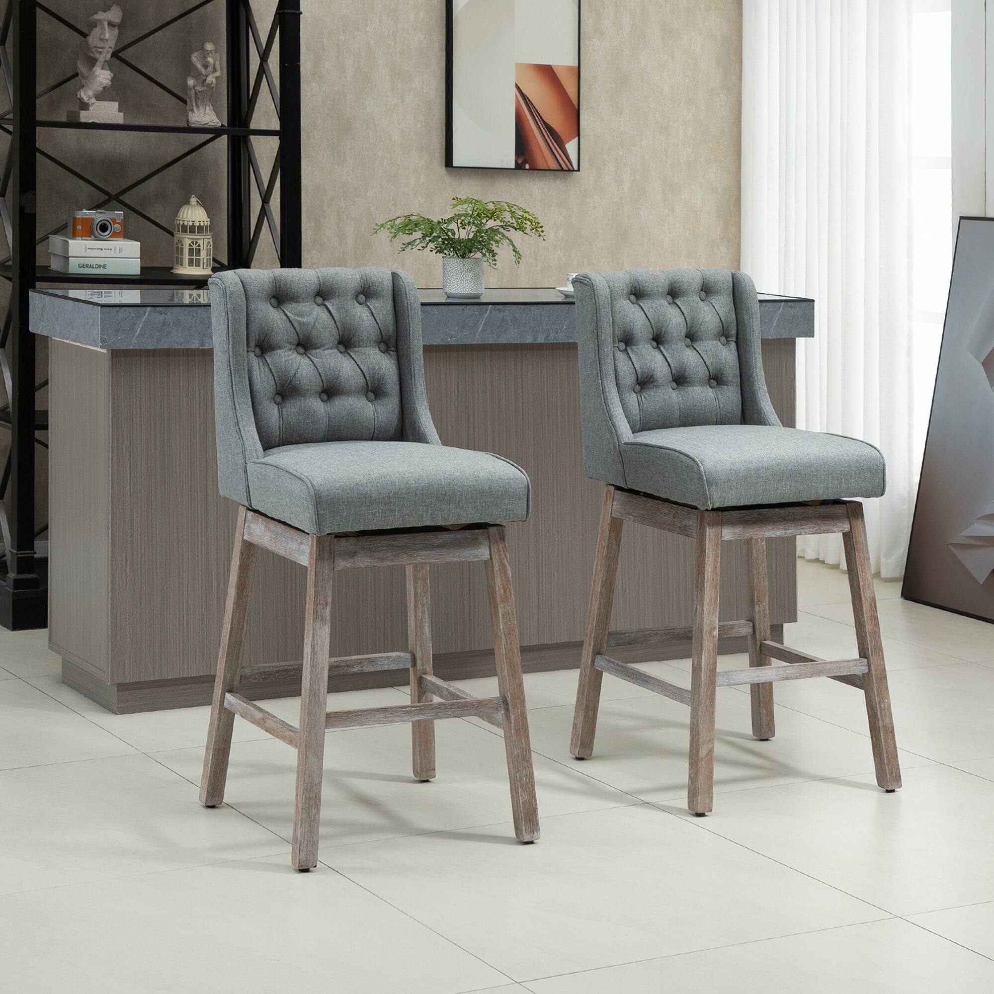 Alt View 1. Homcom - Bar Stools Set of 2, 180 Degree Swivel Barstools with Solid Wood Footrests and Button Tufted Design - Grey.
