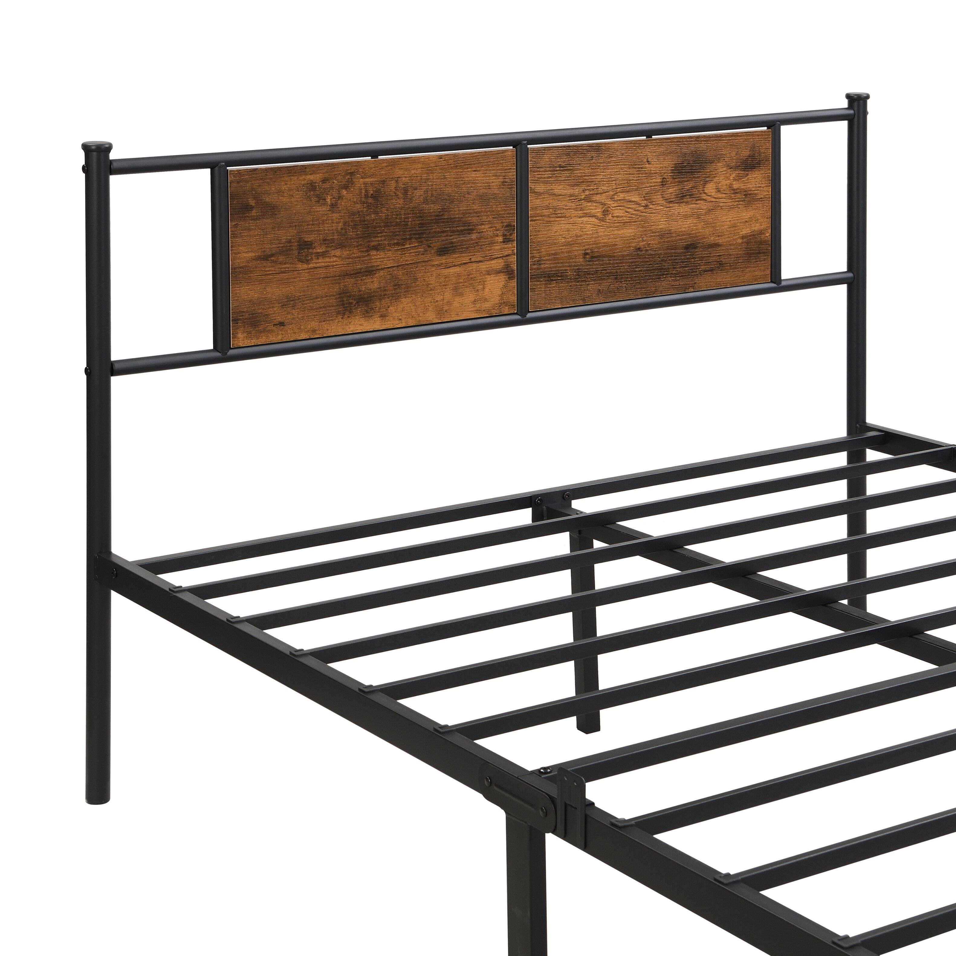 Alt View 2. LUCKY ONE - King Size Metal Bed Frame with Wood Panel Headboard, Steel Structure - Black+Brown.
