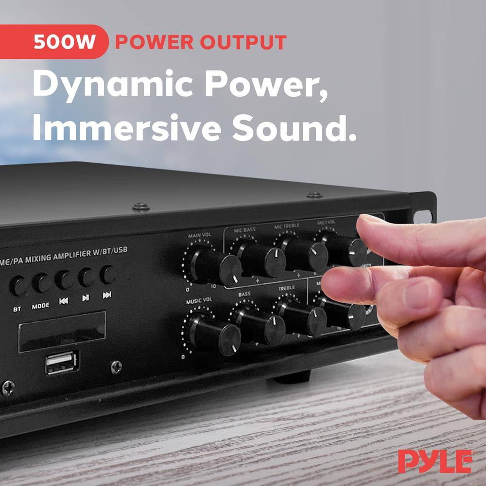 500W POWER OUTPUT  
Dynamic Power, Immersive Sound.  

ME/PA MIXING AMPLIFIER W/BT/USB  

MAIN VOL  
MIC VOL  
MUSIC VOL  
BASS  
TREBLE  
MIC BASS  
MIC TREBLE  

BT  
MODE  

PYLE