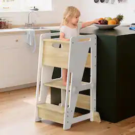 Teendow - Toddler Standing Tower, Adjustable 3‑Height Kitchen Helper Stool with Removable Anti‑Drop Safety Board, Anti‑Slip Pads - Yellow