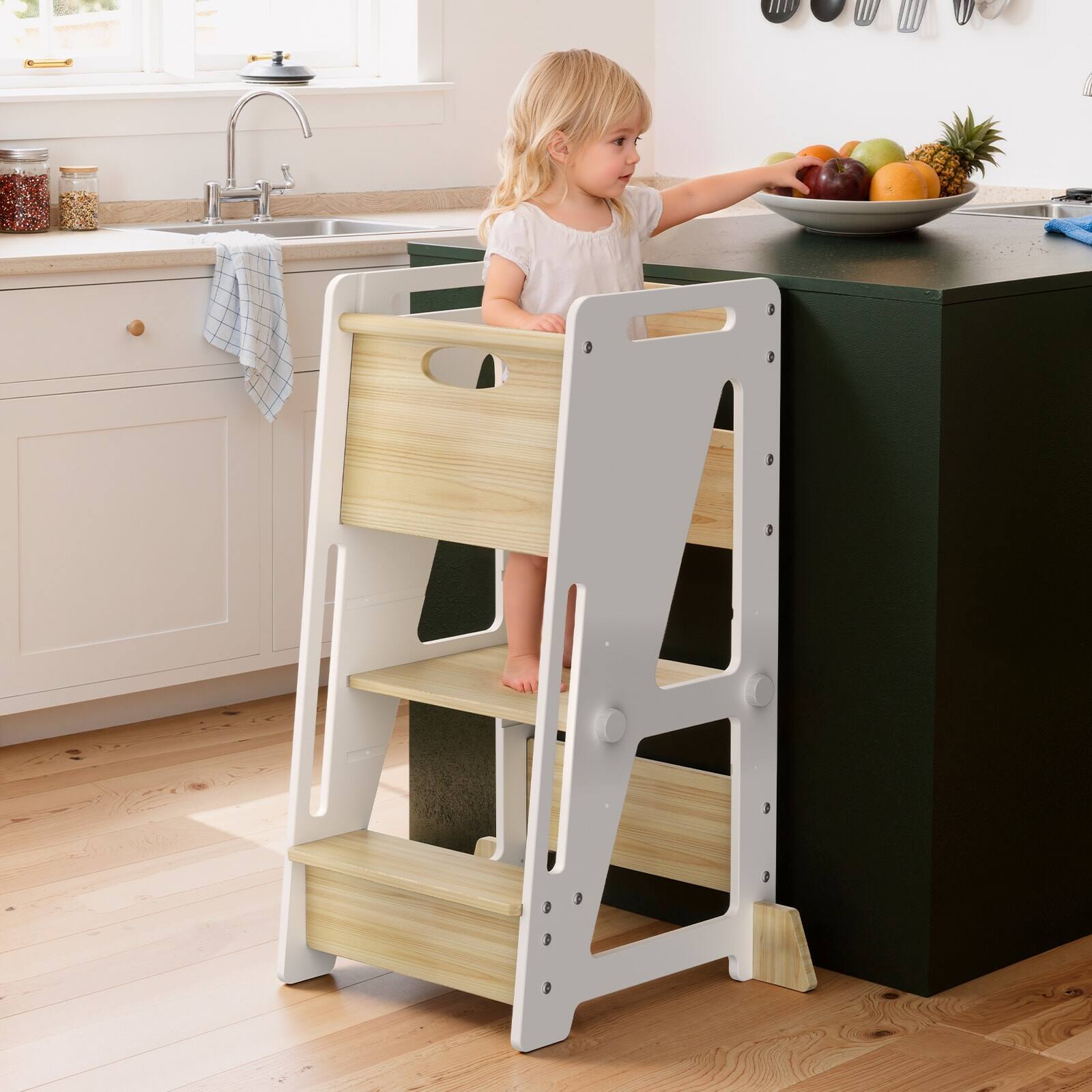 Front. Teendow - Toddler Standing Tower, Adjustable 3‑Height Kitchen Helper Stool with Removable Anti‑Drop Safety Board, Anti‑Slip Pads, - yellow.